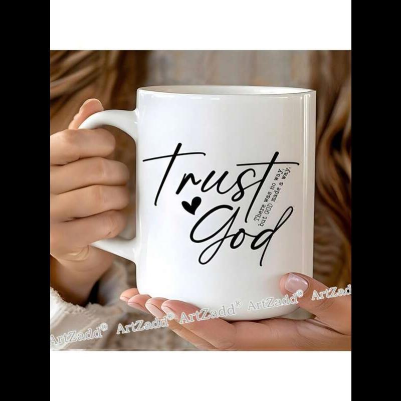 Tailorly White Ceramic 11 oz Mug - Trust God Minimalist White Ceramic Vessel Featuring Elegant Script Held By Hands Mug