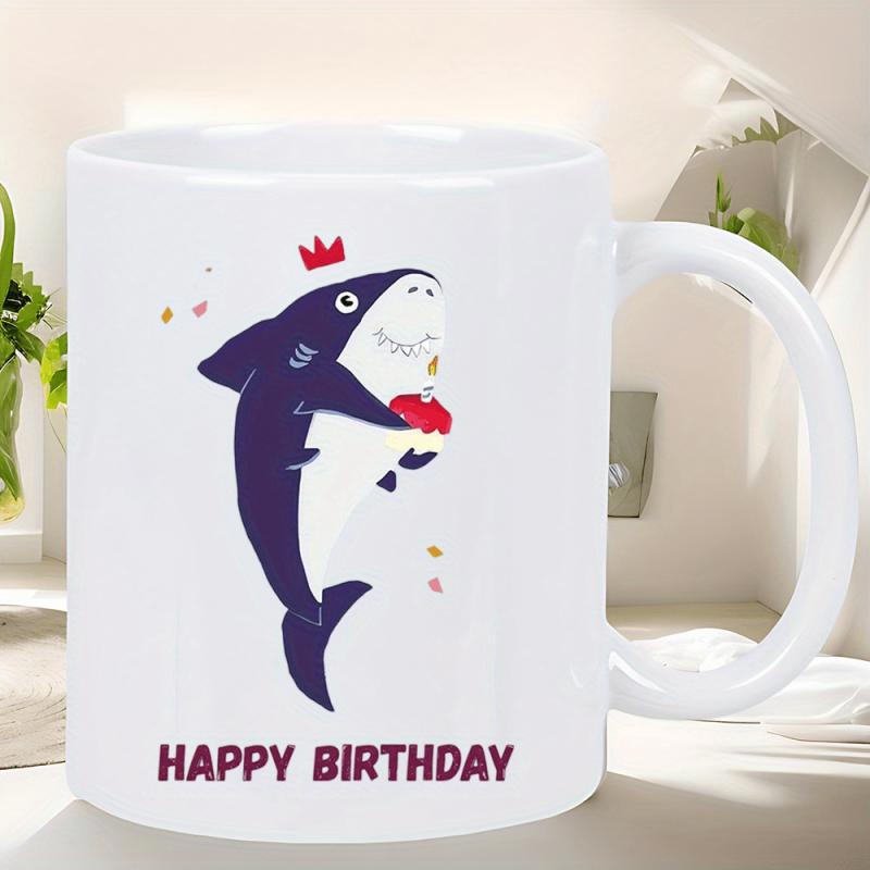 Tailorly White Ceramic 11 oz Mug - Happy Birthday Friendly Ocean Creature Wearing A Tiny Red Crown Holding Cake Shark