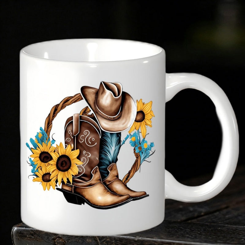 Tailorly White Ceramic 11 oz Mug - Rustic Leather Western Wear Surrounded By Blooming Sunflowers And Blossoms Cowboy Boot