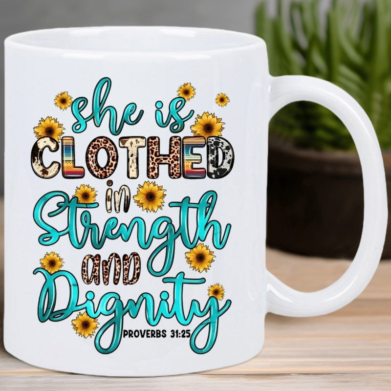 Tailorly White Ceramic 11 oz Mug - She Is Clothed In Strength And Dignity Proverbs 31 25 Blooming Yellow Sunflowers Mixed With Cow And Leopard Print Texture
