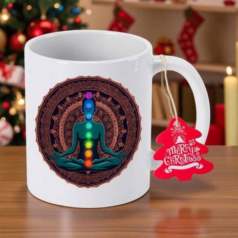 Tailorly White Ceramic 11 oz Mug - Merry Christmas Peaceful Silhouette Meditating With Seven Colorful Chakras Within Circular Intricate Mandala