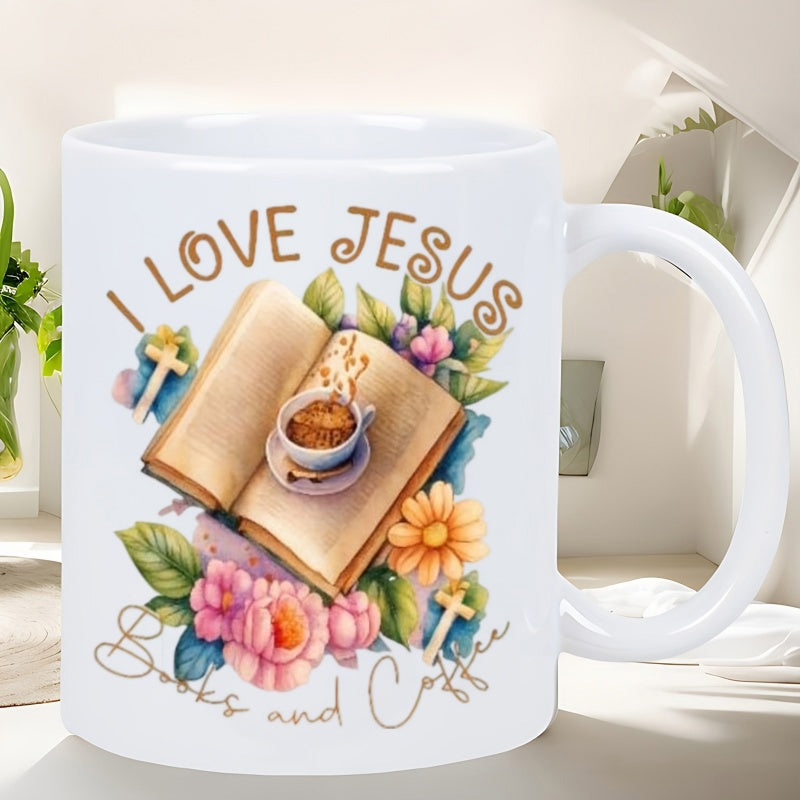Tailorly White Ceramic 11 oz Mug - I Love Jesus Books And Coffee Vintage Open Pages Surrounded By Blooming Floral Petals And Steaming Coffee Cup