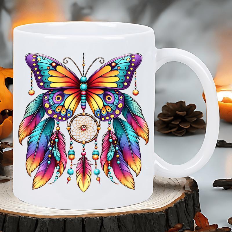 Tailorly White Ceramic 11 oz Mug - Vibrant Colorful Bohemian Style Wings With Hanging Feathers Intricate Dreamcatcher Butterfly