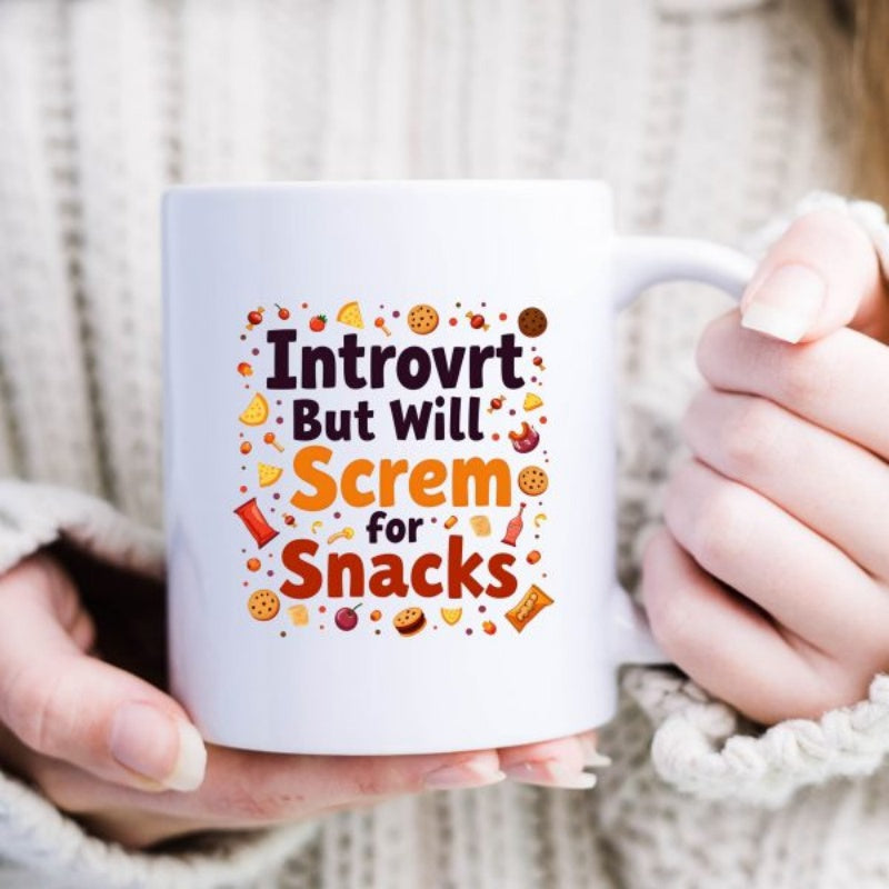 Tailorly White Ceramic 11 oz Mug - Introvrt But Will Screm For Snacks Scattered Delicious Cookie And Candy Icons Among Minimalist