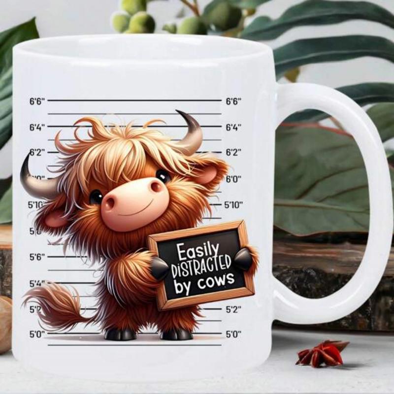 Tailorly White Ceramic 11 oz Mug - Easily Distracted By Cows Adorable Fluffy Highland Cow Holding A Small Chalkboard In A Police Lineup Cow