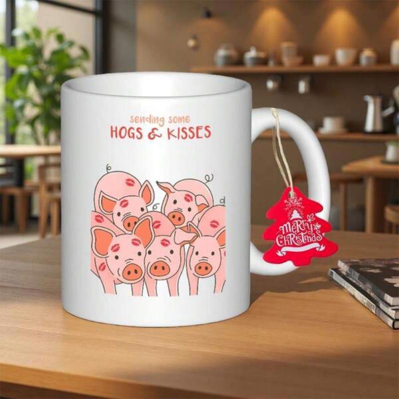 Tailorly White Ceramic 11 oz Mug - Sending You Hogs Kisses Adorable Pink Cartoon Pigs Gathered Closely In A Playful Bunch Pigs