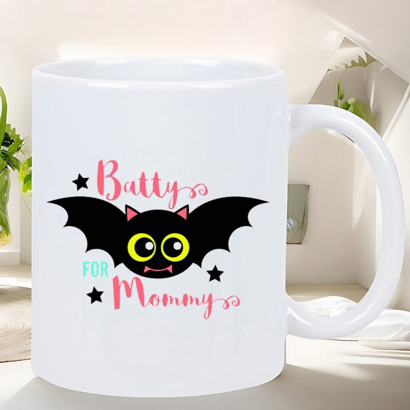 Tailorly White Ceramic 11 oz Mug - Batty For Mommy Cute Cartoon Character With Large Eyes Flying Among Little Stars Bat