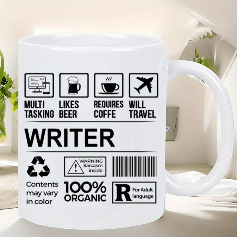 Tailorly White Ceramic 11 oz Mug - Multi Tasking Likes Beer Requires Coffee Will Travel Writer Minimalist Technical Label With Sarcastic Warning For Creative