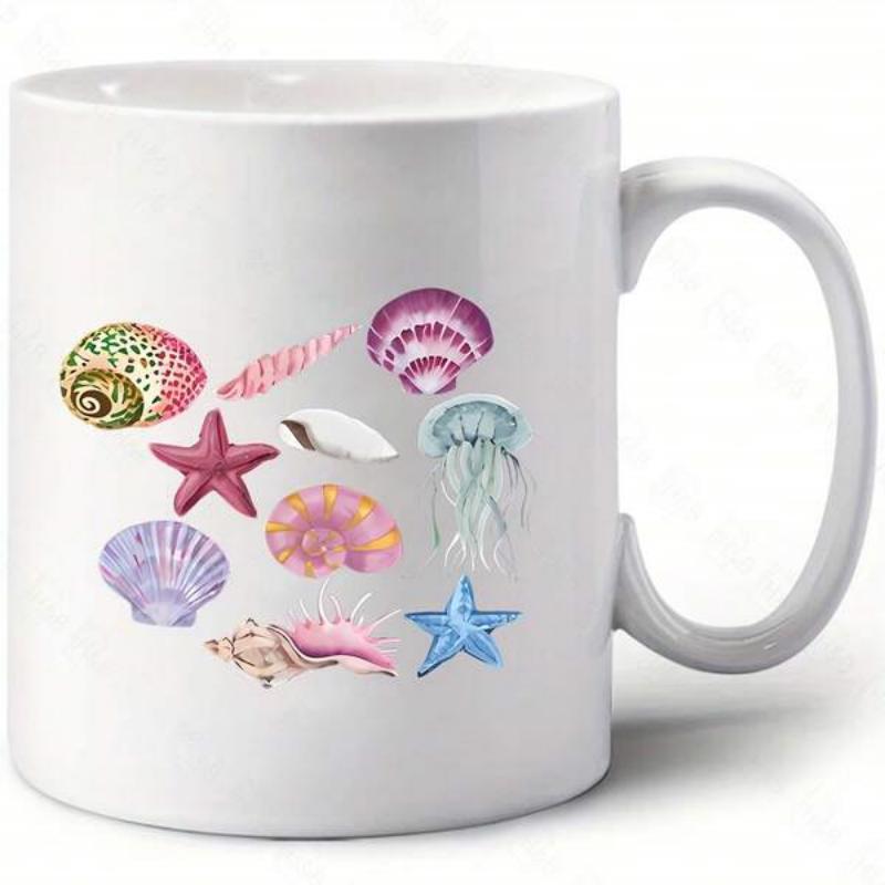 Tailorly White Ceramic 11 oz Mug - Colorful Watercolor Marine Elements Including Delicate Starfish And Floating Jellyfish Seashell