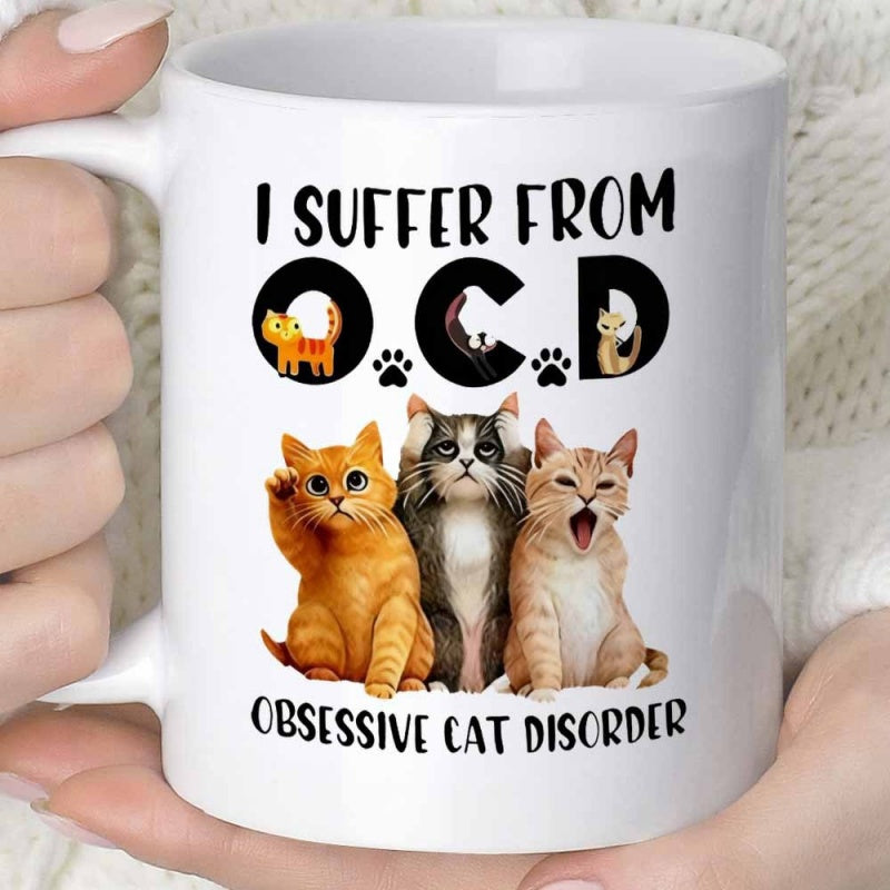 Tailorly White Ceramic 11 oz Mug - I Suffer From OCD Obsessive Cat Disorder Three Fluffy Kittens Sitting Together With Humorous Text Cat