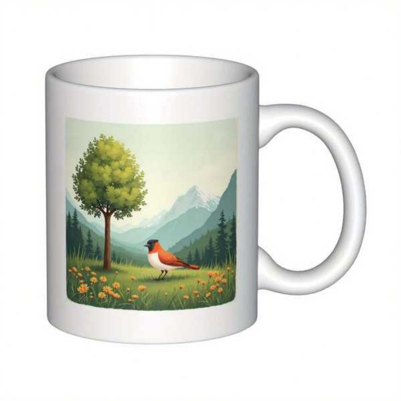 Tailorly White Ceramic 11 oz Mug - Peaceful Mountain Landscape With Tall Evergreen Trees And Blooming Wildflowers Bird