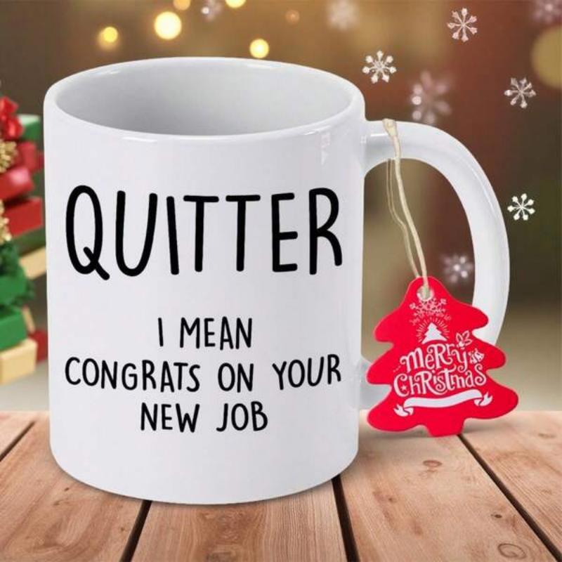Tailorly White Ceramic 11 oz Mug - Quitter I Mean Congrats On Your New Job Minimalist White Ceramic Vessel Featuring Bold Black Script Typography Humorous Office