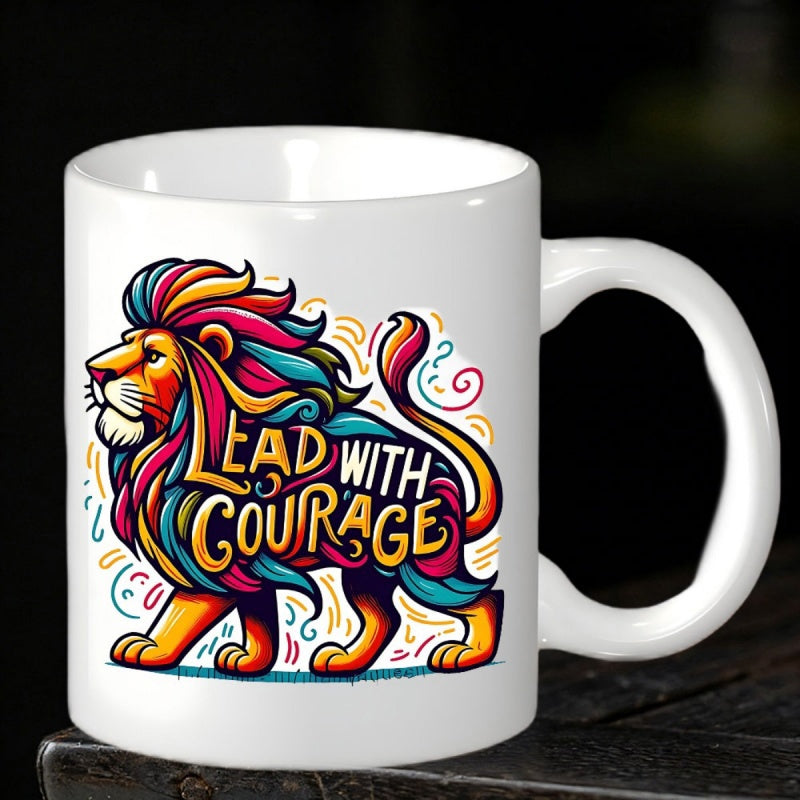 Tailorly White Ceramic 11 oz Mug - Lead With Courage Vibrant Colorful Stylized Majestic Walking With Artistic Rainbow Patterned Lion
