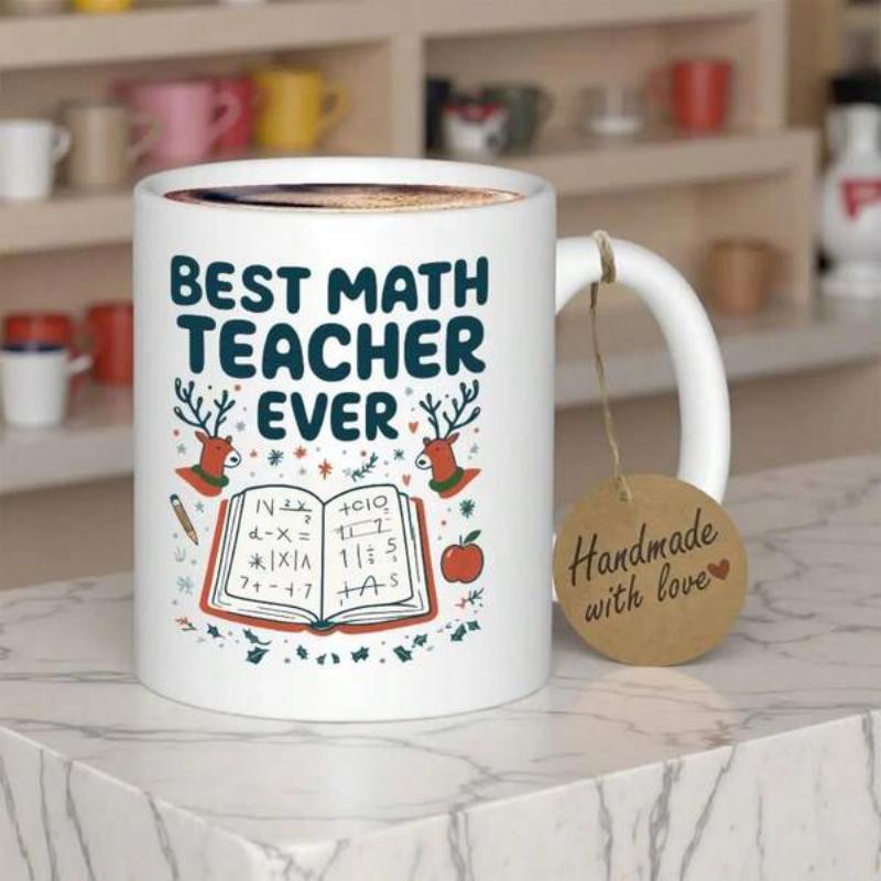 Tailorly White Ceramic 11 oz Mug - Best Math Teacher Ever Open Educational Textbook Featuring Math Symbols And Foliage With Apple Book
