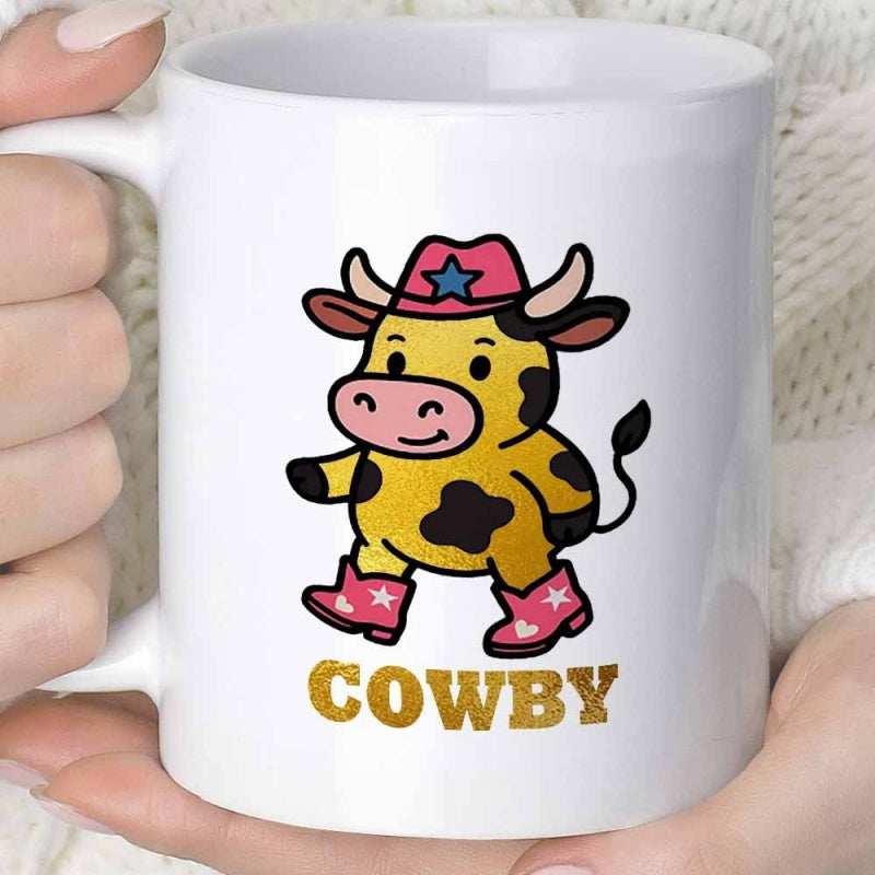 Tailorly White Ceramic 11 oz Mug - COWBY Adorable Yellow Spotted Calf Wearing Pink Cowboy Hat And Matching Boots Cow