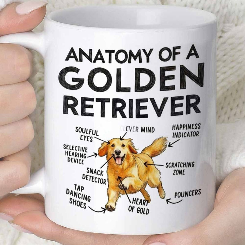Tailorly White Ceramic 11 oz Mug - Anatomy Of A Golden Retriever Humorous Pet Illustration Featuring Friendly Dog Detailed Body Labels Golden Retriever