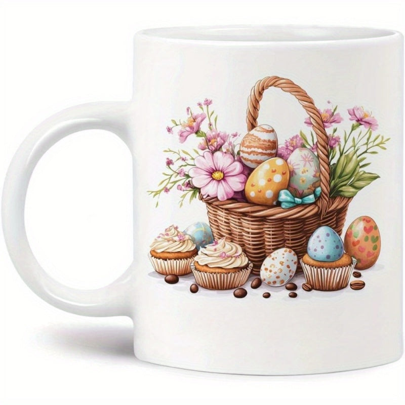 Tailorly White Ceramic 11 oz Mug - Colorful Painted Eggs Nestled Among Blooming Spring Flowers Inside Woven Basket