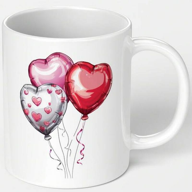 Tailorly White Ceramic 11 oz Mug - Vibrant Pink And Red Heart Shaped Balloons Floating With Delicate Curling Strings Balloon