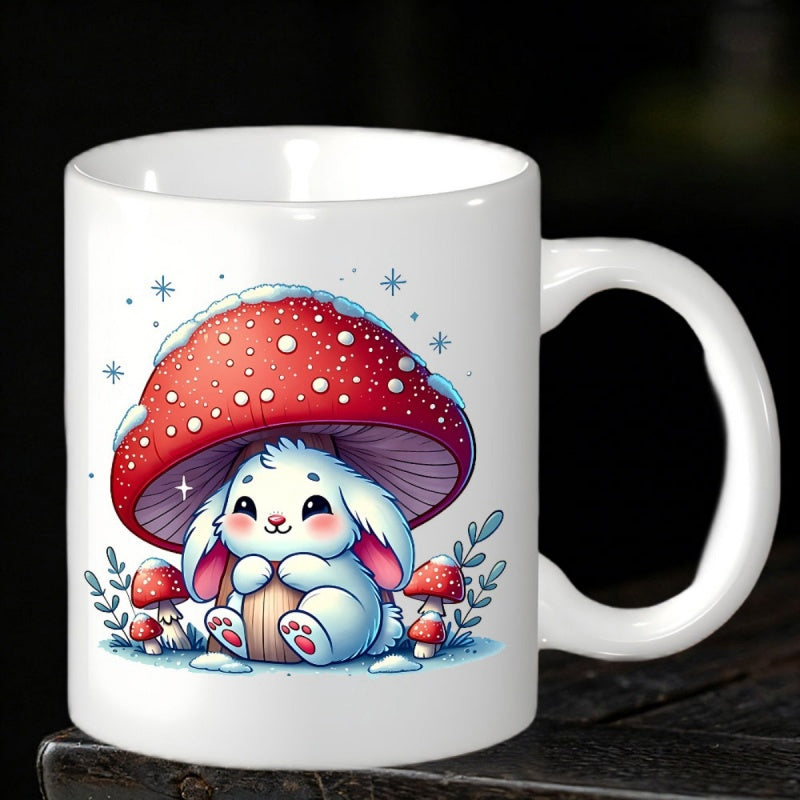 Tailorly White Ceramic 11 oz Mug - Adorable White Bunny Resting Under Large Red Mushroom Rabbit