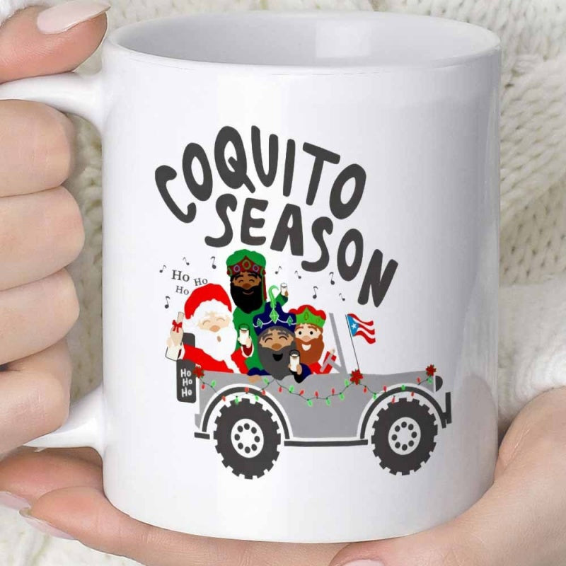 Tailorly White Ceramic 11 oz Mug - Coquito Season Festive Christmas Characters Riding In A Decorated Gray Offroad Vehicle