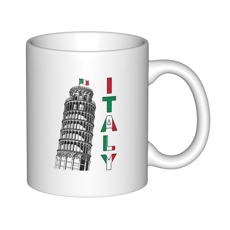 Tailorly White Ceramic 11 oz Mug - Italy Iconic Leaning Tower Of Pisa Sketch Featuring Vibrant Flag Colors Tower