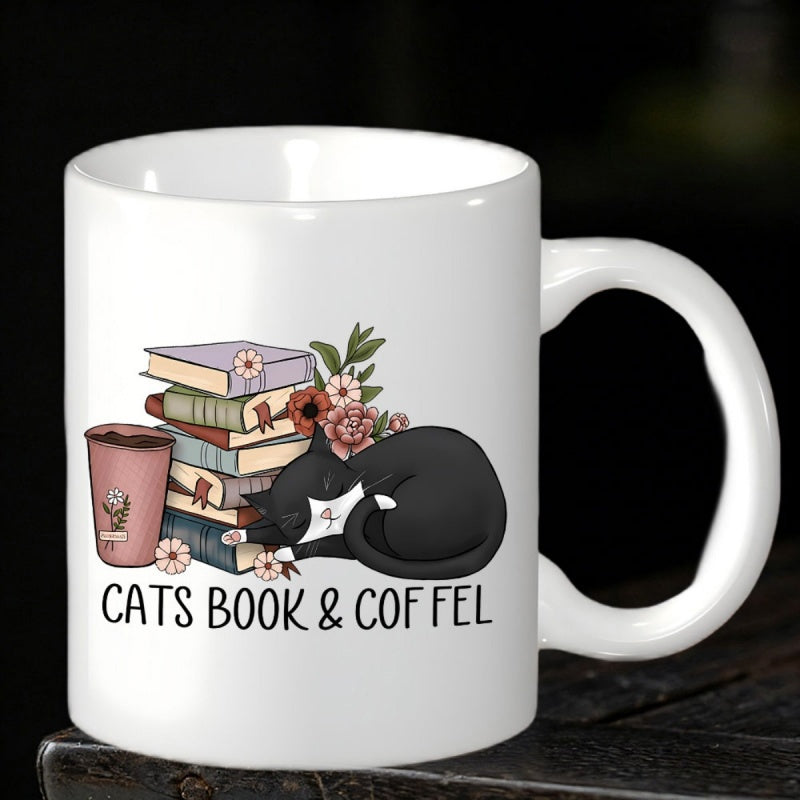 Tailorly White Ceramic 11 oz Mug - Cats Book Coffee Cozy Black Cat Sleeping Peacefully Beside Colorful Stacked Books Flowers Cat