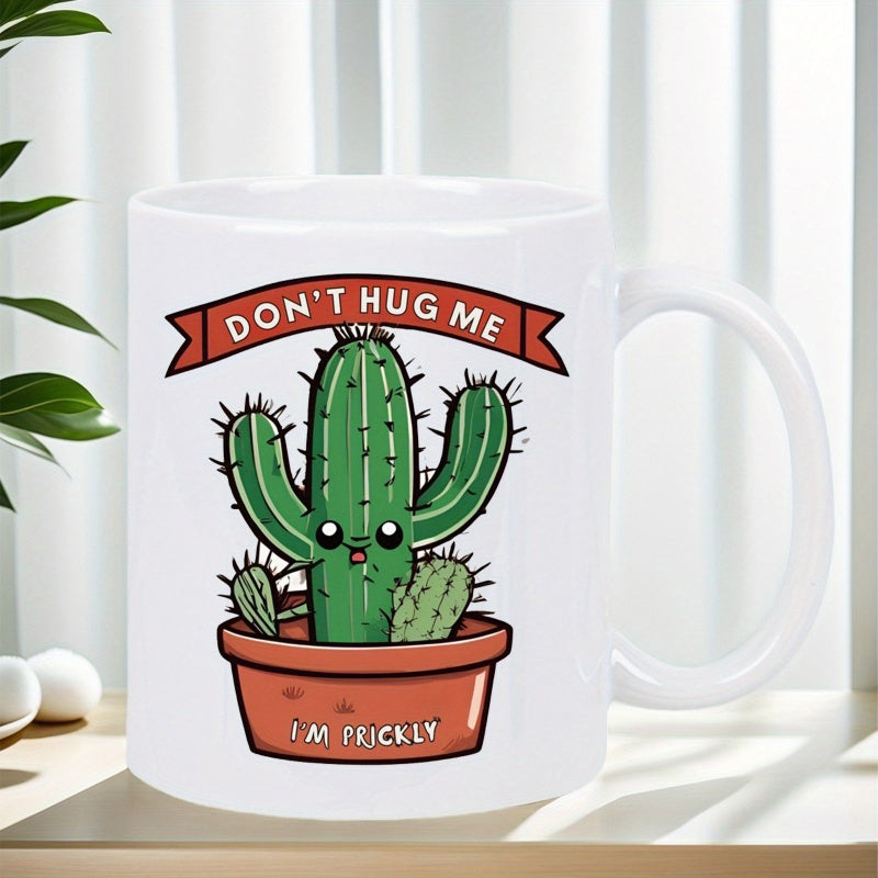 Tailorly White Ceramic 11 oz Mug - Don T Hug Me I M Prickly Smiling Green Cartoon Succulent In Brown Clay Pot With Ribbon Cactus