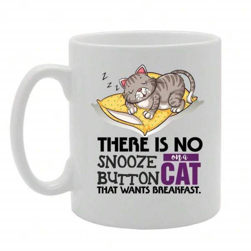 Tailorly White Ceramic 11 oz Mug - There Is No Snooze Button On A Cat That Wants Breakfast Adorable Striped Kitten Sleeping Peacefully Upon A Soft Yellow