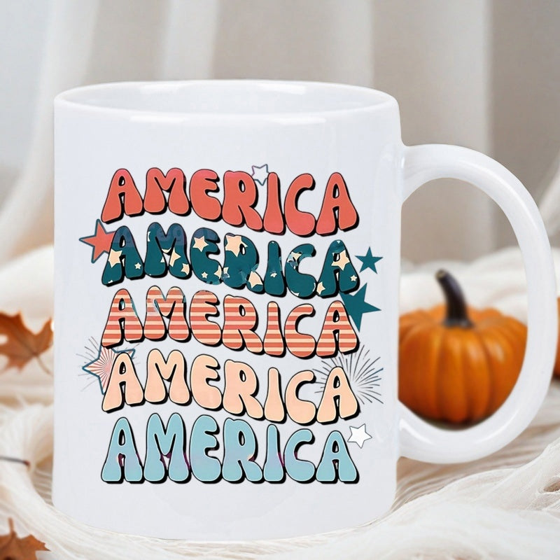 Tailorly White Ceramic 11 oz Mug - America Retro Groovy Style Lettering With Tiny Stars And Patriotic Stripes America