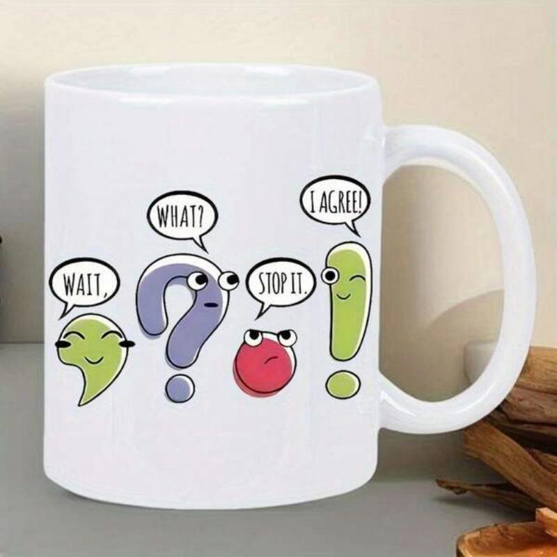 Tailorly White Ceramic 11 oz Mug - Wait What Stop It I Agree Funny Cartoon Punctuation Marks Featuring Expressive Faces And Speech Bubbles Mug