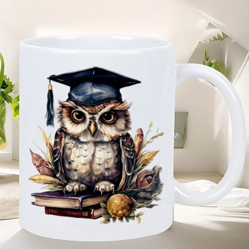 Tailorly White Ceramic 11 oz Mug - Wise Scholarly Bird Wearing Graduation Cap Perched On Stacked Antique Library Books Owl