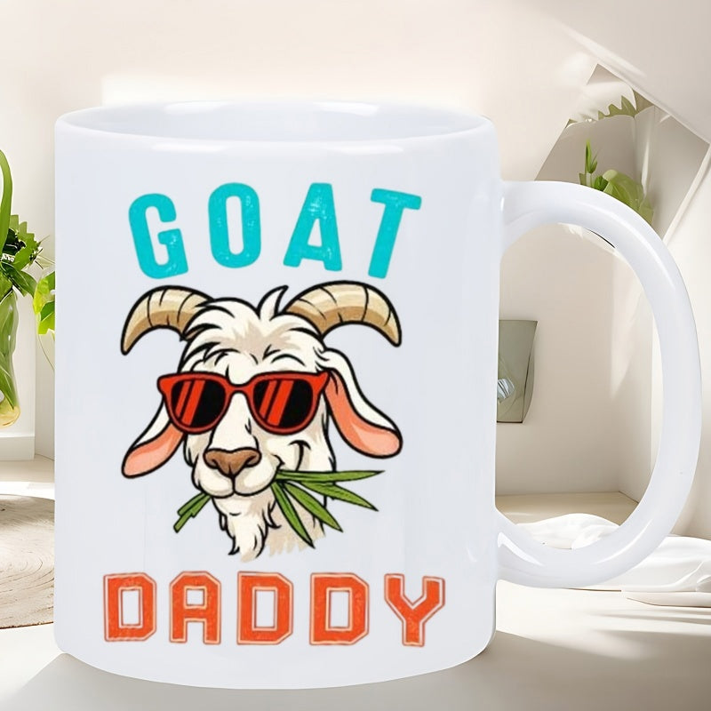 Tailorly White Ceramic 11 oz Mug - Goat Daddy Cool Stylized White Goat Wearing Red Sunglasses Chewing Fresh Green Leaves Goat