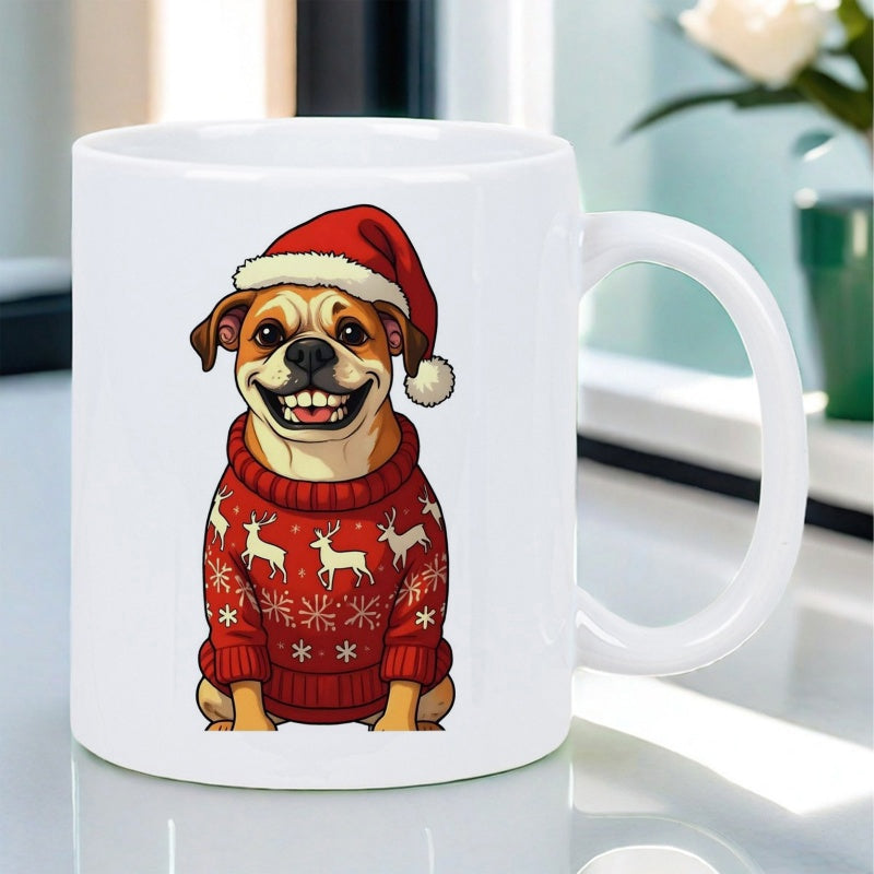 Tailorly White Ceramic 11 oz Mug - Smiling Pug Wearing Red Santa Hat And Festive Christmas Reindeer Sweater Dog