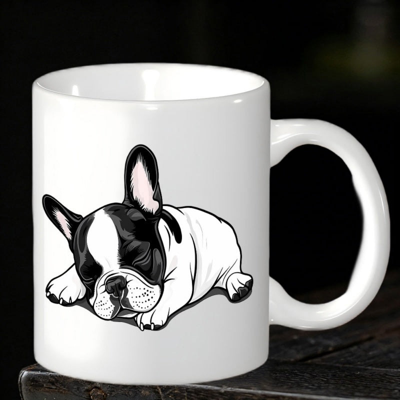 Tailorly White Ceramic 11 oz Mug - Adorable Resting Black And White Spotted Puppy Lying Gracefully On Smooth Surface Bulldog