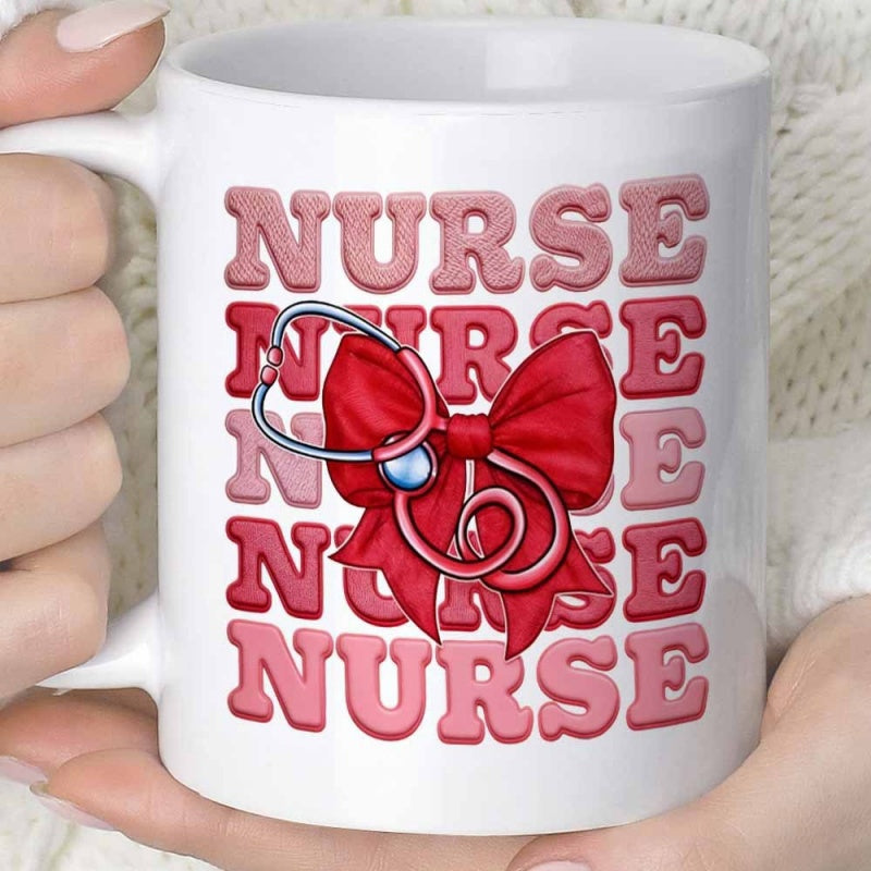 Tailorly White Ceramic 11 oz Mug - Nurse Vibrant Red Bow And Clinical Pink Medical Stethoscope Graphic Mug