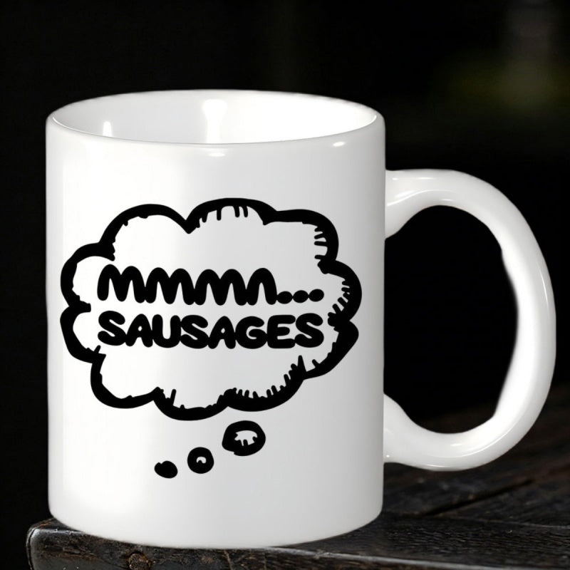 Tailorly White Ceramic 11 oz Mug - Mmmm Sausages Simple Bold Hand Drawn Comic Style Thinking Cloud Graphic Cloud