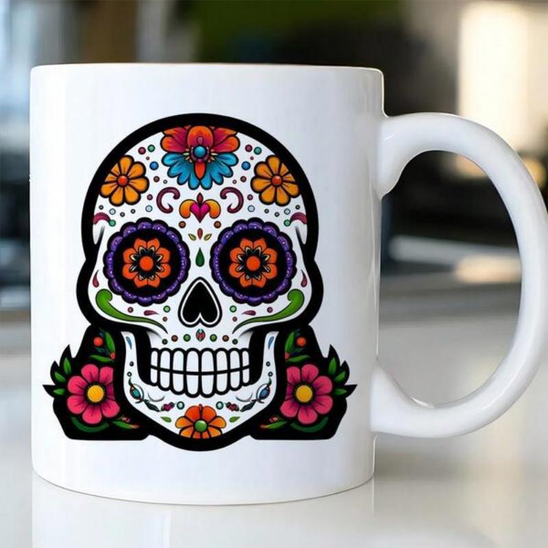 Tailorly White Ceramic 11 oz Mug - Vibrant Traditional Mexican Floral Calavera With Colorful Artistic Decorative Patterns Skull