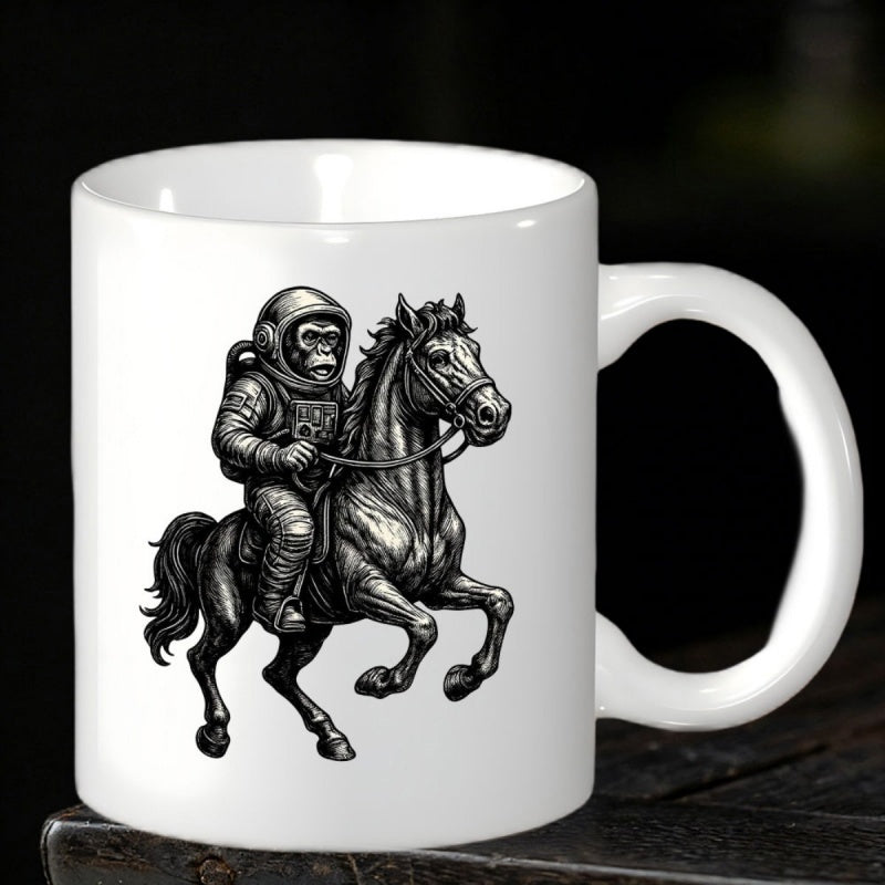 Tailorly White Ceramic 11 oz Mug - Cosmic Space Explorer Primate Wearing Suit Riding A Galloping Horse Astronaut Ape