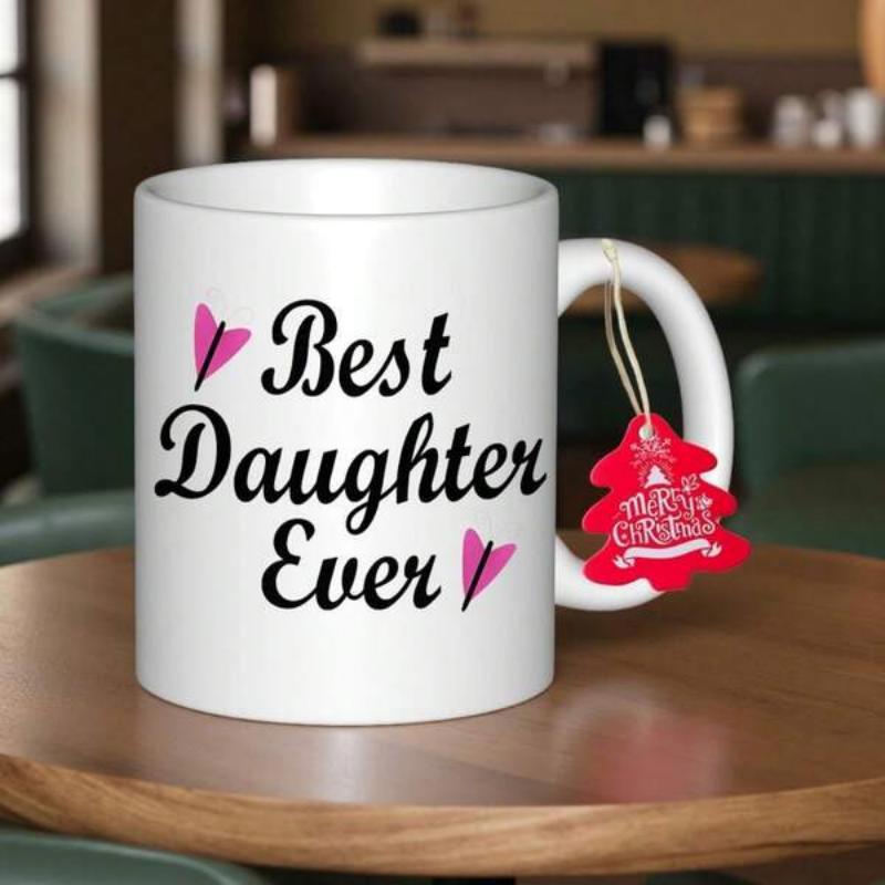 Tailorly White Ceramic 11 oz Mug - Best Daughter Ever Elegant Pink Abstract Hearts Floating Beside Artistic Script Heart