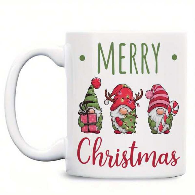 Tailorly White Ceramic 11 oz Mug - Merry Christmas Three Whimsical Festive Gnomes Wearing Red And Green Pointed Hats Gnome