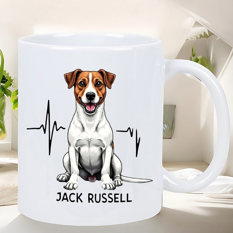 Tailorly White Ceramic 11 oz Mug - Jack Russell Alert Brown And White Dog Sitting Calmly With EKG Heartbeat Line Dog