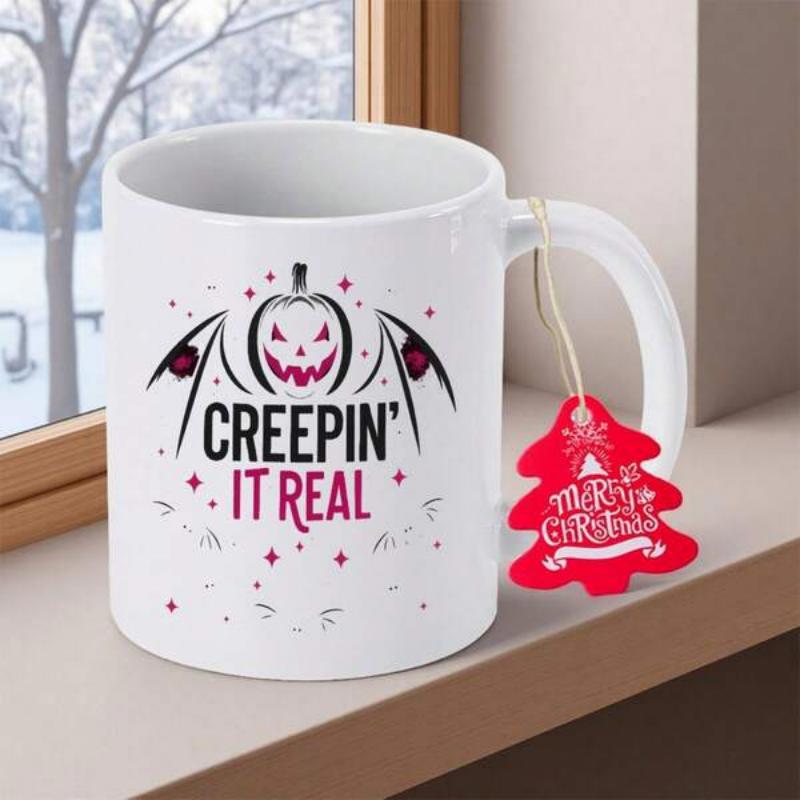 Tailorly White Ceramic 11 oz Mug - Creepin It Real Spooky Carved Pumpkin With Sharp Bat Wings And Floating Elements Pumpkin