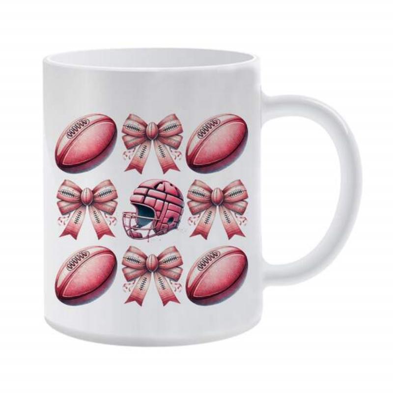 Tailorly White Ceramic 11 oz Mug - Pink And White Bows Mixed With American Footballs Around Sporty Helmet