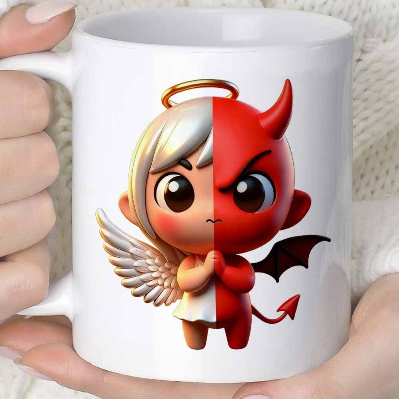 Tailorly White Ceramic 11 oz Mug - Split Face Half Angel Half Devil With Wings And Halo Chibi Style Character