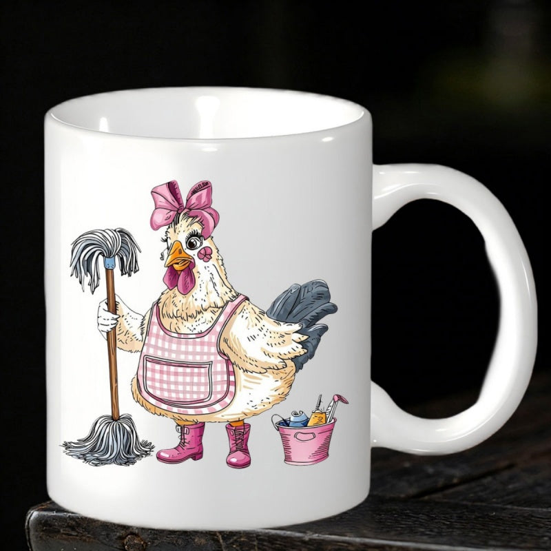 Tailorly White Ceramic 11 oz Mug - Cheerful Cartoon Hen Wearing Pink Bow And Apron Holding Cleaning Mop Chicken