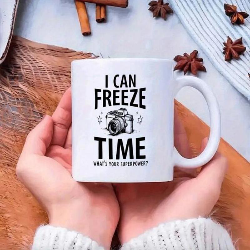 Tailorly White Ceramic 11 oz Mug - I Can Freeze Time Whats Your Superpower Sleek Black Line Art Depicting A Classic Digital Photography Camera