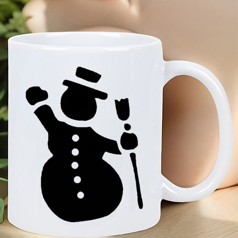 Tailorly White Ceramic 11 oz Mug - Minimalist Winter Silhouette Holding A Broom Wearing A Classic Top Hat Snowman