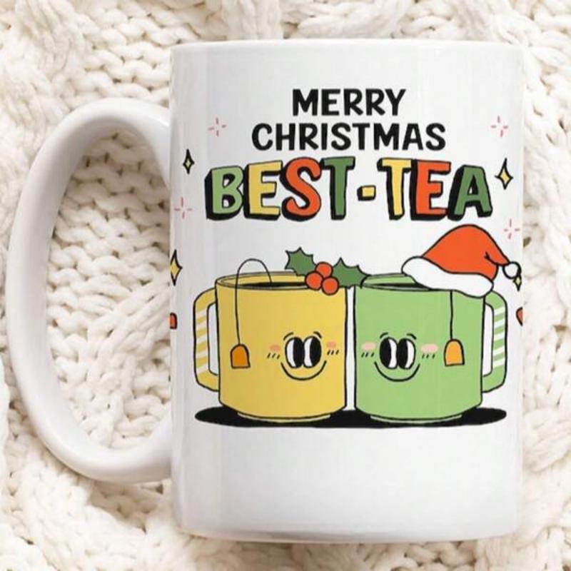 Tailorly White Ceramic 11 oz Mug - Merry Christmas Best Tea Two Friendly Smiling Ceramic Tea Mugs Under Festive Santa Hat Mug