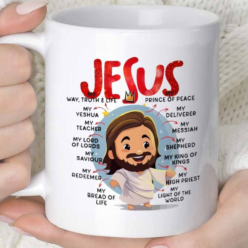 Tailorly White Ceramic 11 oz Mug - Jesus Way Truth Life Prince Of Peace Smiling Cartoon Illustration With Brown Beard Wearing White Robe Among Spiritual Light