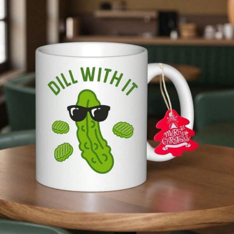 Tailorly White Ceramic 11 oz Mug - Dill With It Smiling Green Cartoon Character Wearing Cool Black Sunglasses Surrounded By Slices Pickle